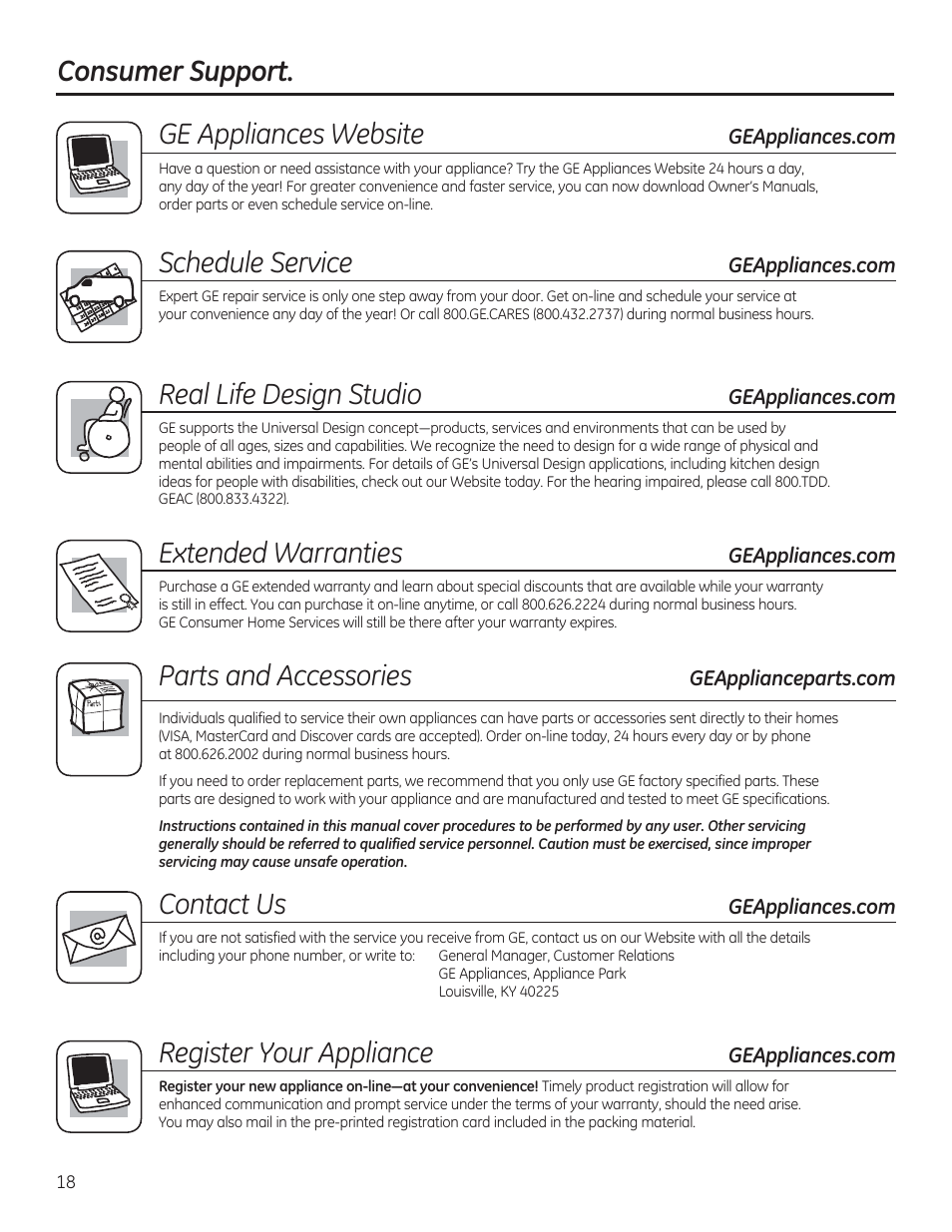 Consumer support. parts and accessories, Ge appliances website, Schedule service | Real life design studio, Extended warranties, Contact us, Register your appliance | GE GTWS8655DMC User Manual | Page 18 / 36