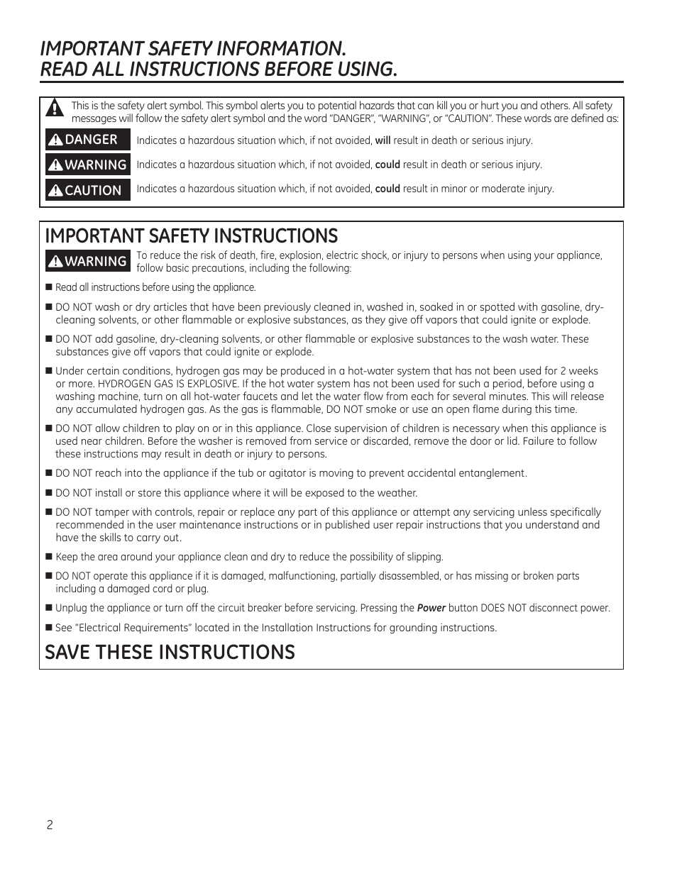 Important safety instructions, Save these instructions | GE GTWS8655DMC User Manual | Page 2 / 36