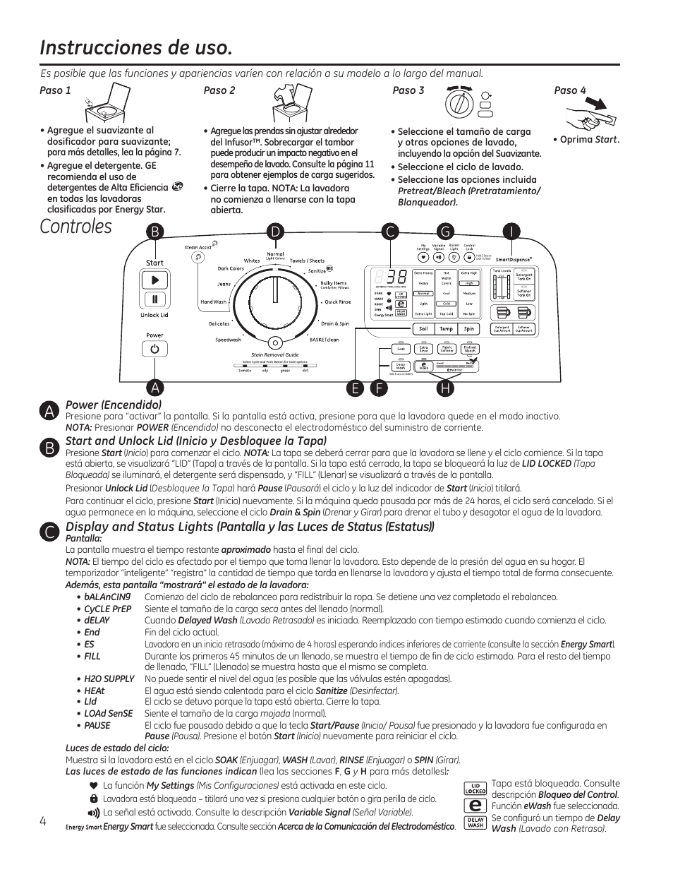 Instrucciones de uso. controles | GE GTWS8655DMC User Manual | Page 22 / 36