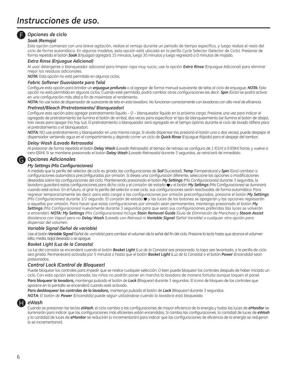 Instrucciones de uso, Fg h | GE GTWS8655DMC User Manual | Page 24 / 36