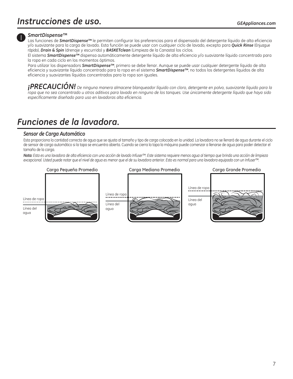 Funciones de la lavadora, Instrucciones de uso, Precaución | GE GTWS8655DMC User Manual | Page 25 / 36