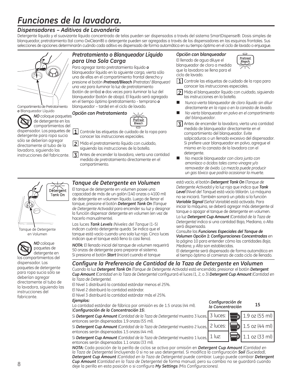 Funciones de la lavadora | GE GTWS8655DMC User Manual | Page 26 / 36