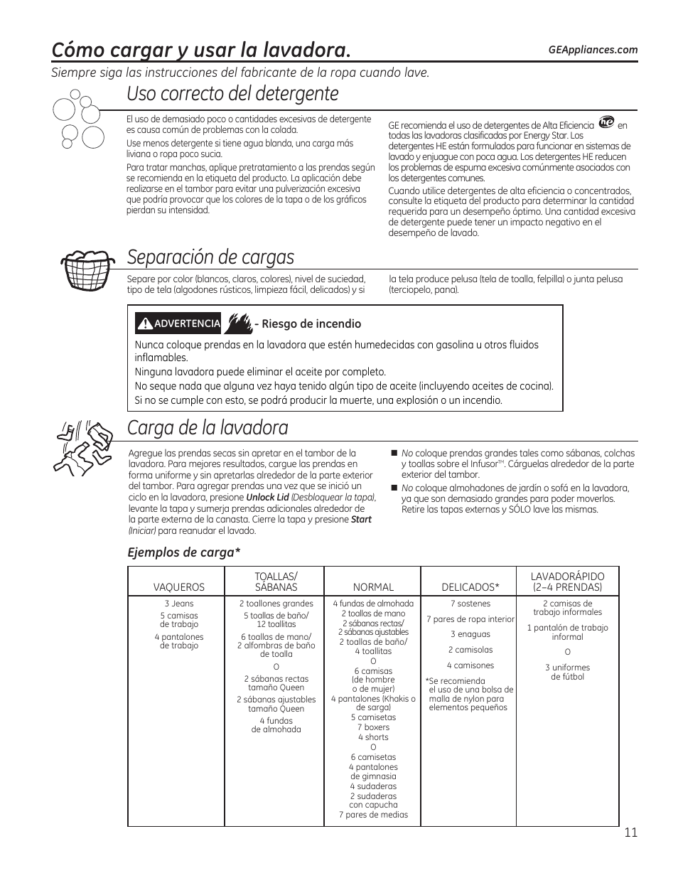 Uso correcto del detergente, Separación de cargas, Ejemplos de carga | GE GTWS8655DMC User Manual | Page 29 / 36