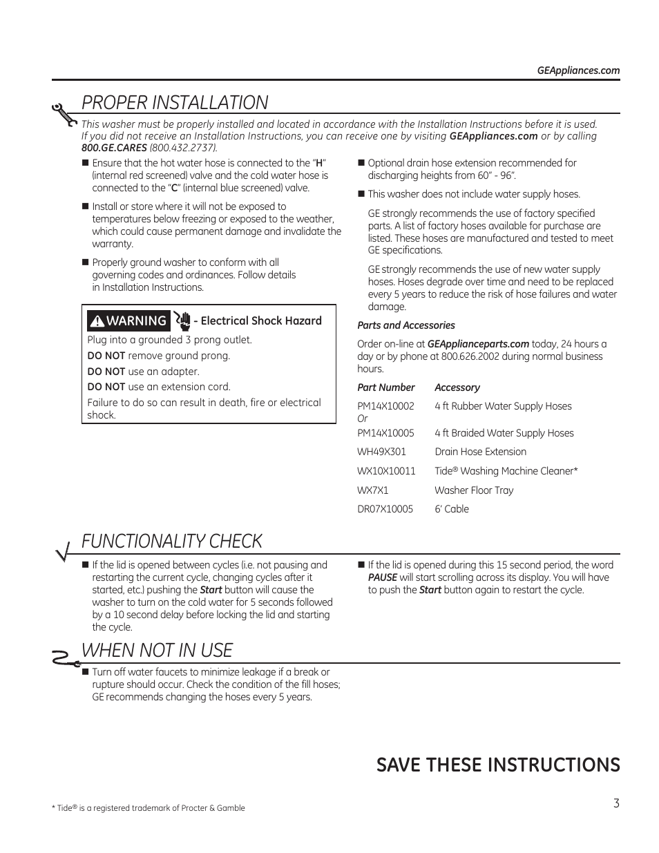 Save these instructions when not in use, Proper installation, Functionality check | Warning | GE GTWS8655DMC User Manual | Page 3 / 36