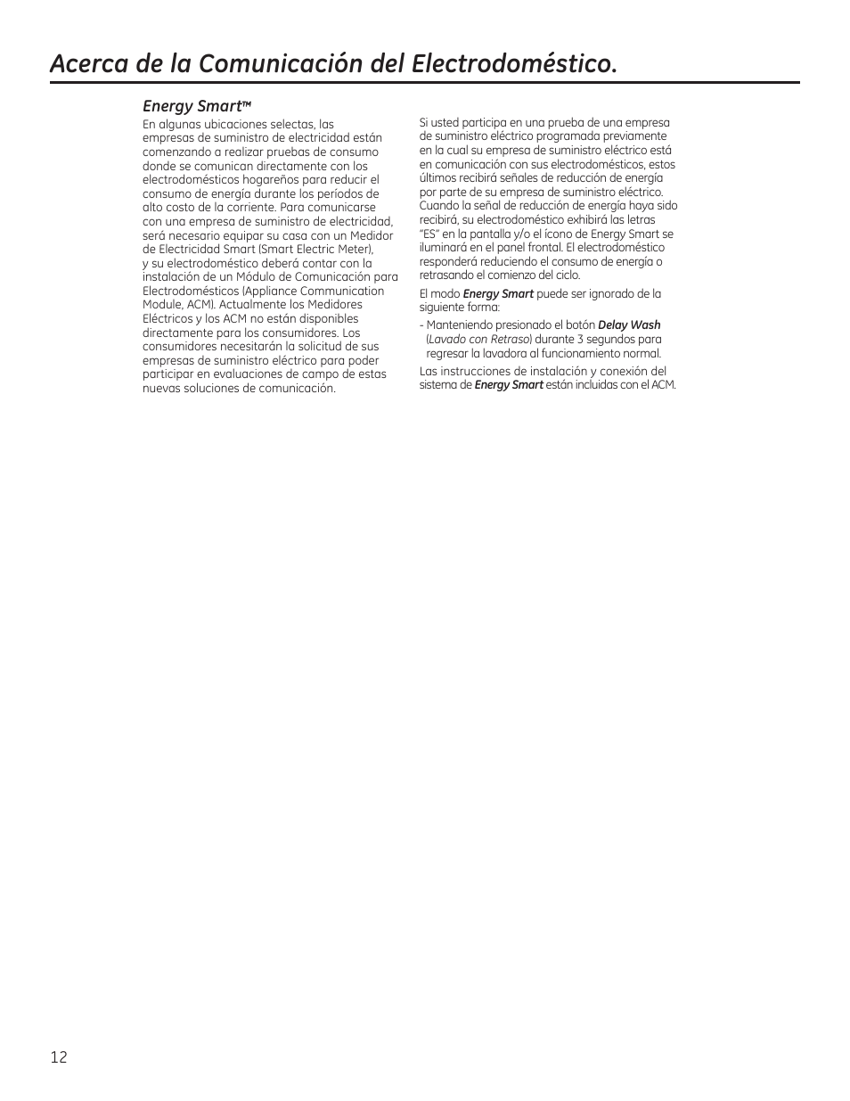 Acerca de la comunicación del electrodoméstico, 12 energy smart | GE GTWS8655DMC User Manual | Page 30 / 36