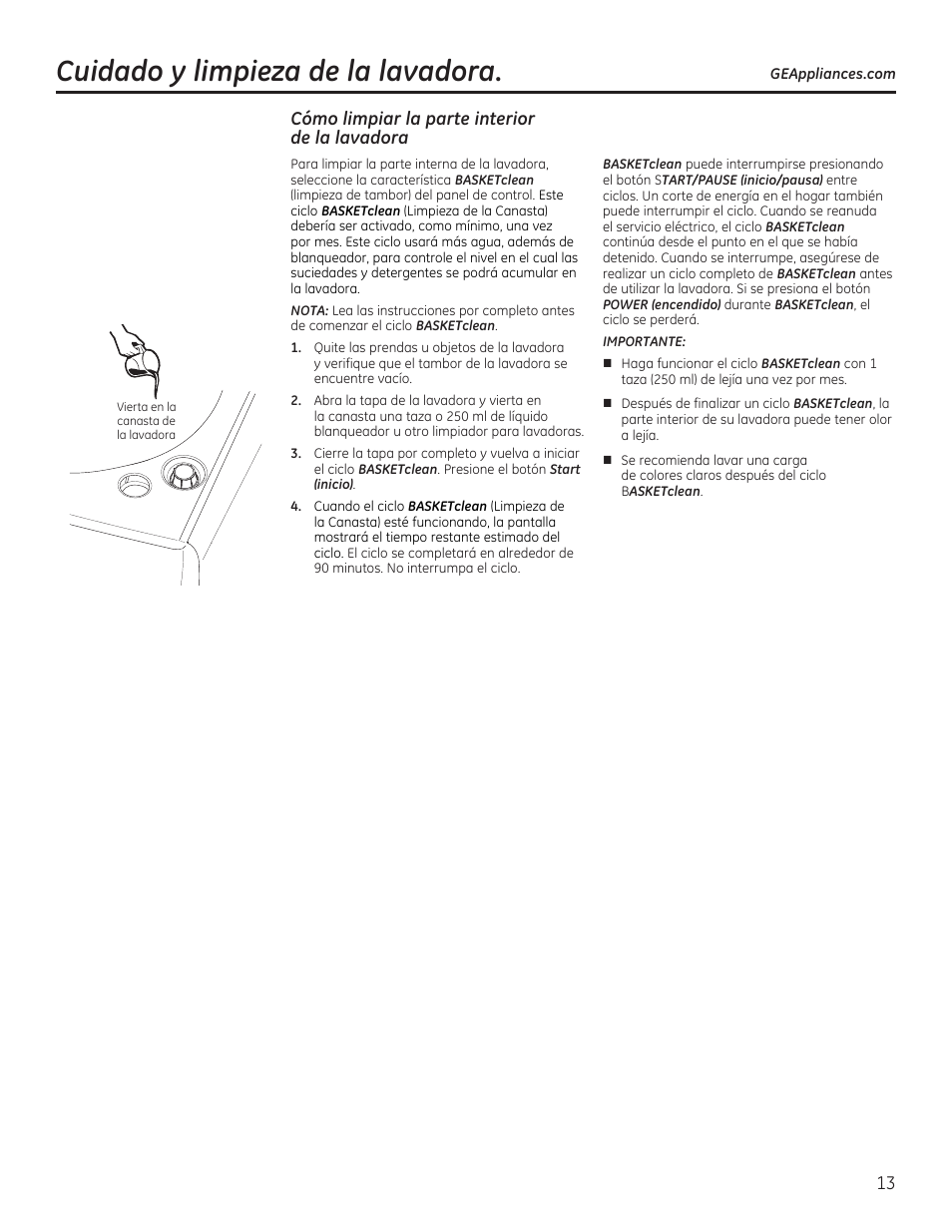 Cuidado y limpieza de la lavadora, Cómo limpiar la parte interior de la lavadora | GE GTWS8655DMC User Manual | Page 31 / 36