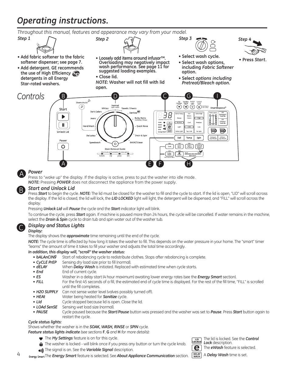 Operating instructions. controls | GE GTWS8655DMC User Manual | Page 4 / 36