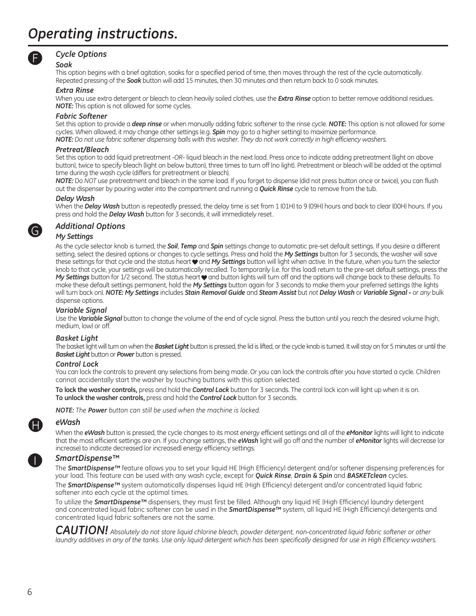 Operating instructions, Fg h i, Caution | GE GTWS8655DMC User Manual | Page 6 / 36