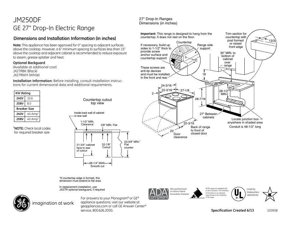 GE JM250DFBB User Manual | 2 pages