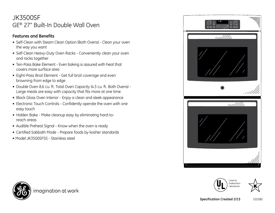 Jk3500sf, 27" built-in double wall oven, Jk3500sfss | GE JK3500SFSS User Manual | Page 2 / 2