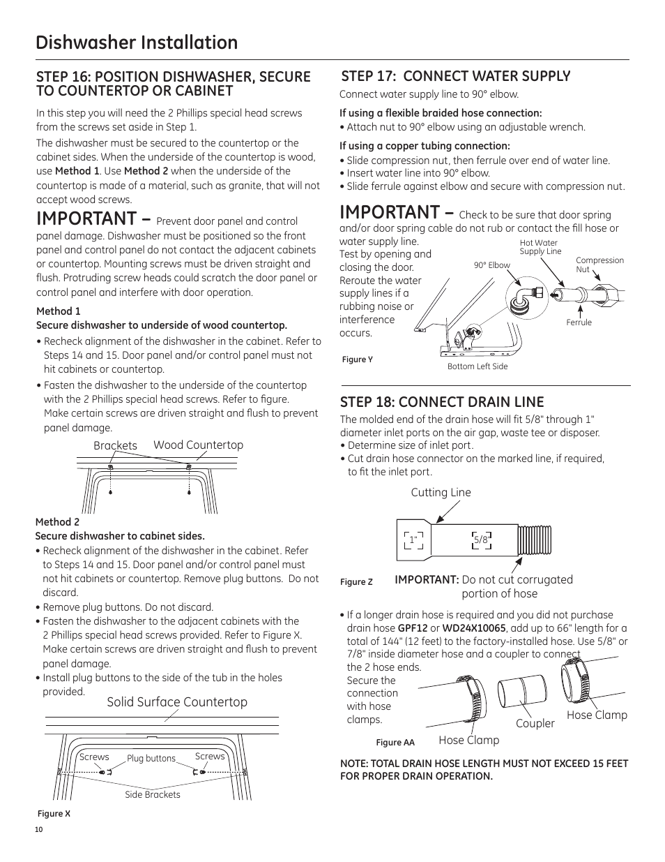 Dishwasher installation, Important, Step 17: connect water supply | Step 18: connect drain line | GE PDT750SSFSS User Manual | Page 10 / 48