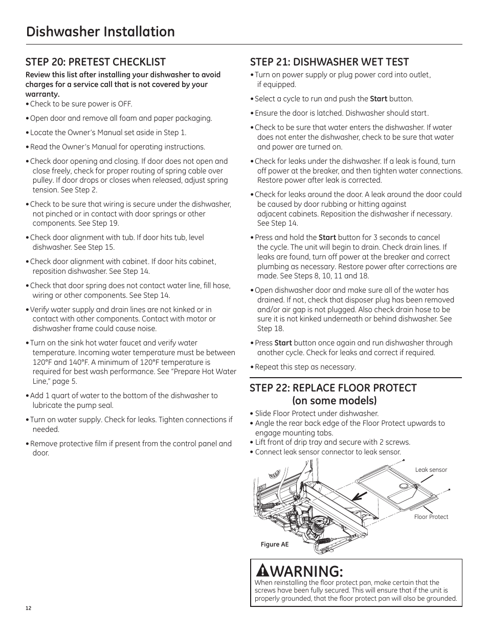 Warning, Dishwasher installation, Step 20: pretest checklist | Step 21: dishwasher wet test, Step 22: replace floor protect (on some models) | GE PDT750SSFSS User Manual | Page 12 / 48