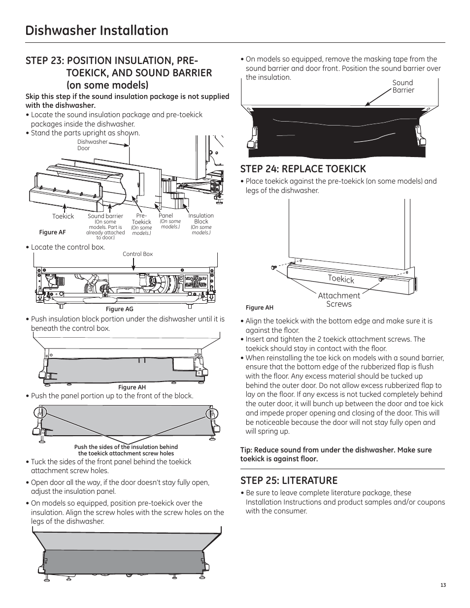 Dishwasher installation, Step 24: replace toekick, Step 25: literature | GE PDT750SSFSS User Manual | Page 13 / 48