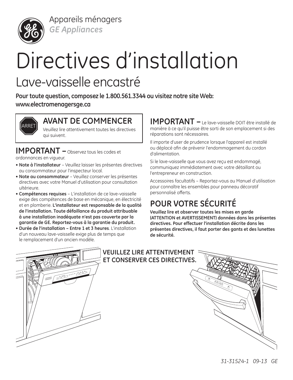 Directives d’installation, Lave-vaisselle encastré, Appareils ménagers ge appliances | Important, Pour votre sécurité, Avant de commencer | GE PDT750SSFSS User Manual | Page 17 / 48