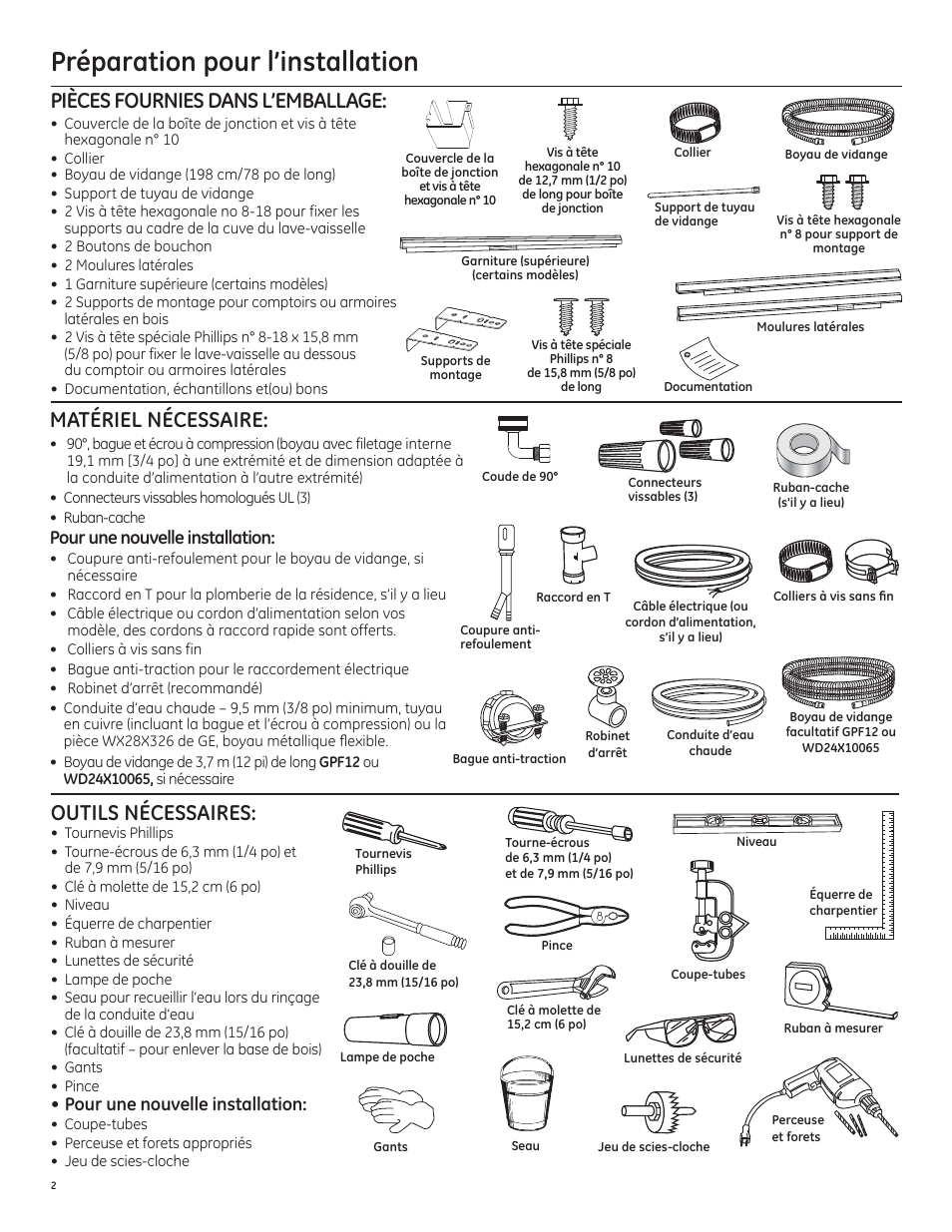 Préparation pour l’installation, Outils nécessaires, Pièces fournies dans l’emballage | Matériel nécessaire, Pour une nouvelle installation | GE PDT750SSFSS User Manual | Page 18 / 48