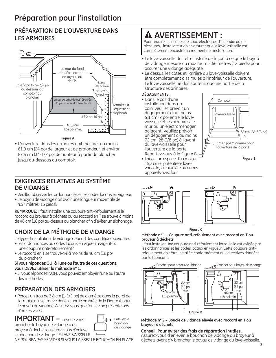 Avertissement, Important, Préparation pour l’installation | Préparation de l’ouverture dans les armoires, Exigences relatives au système de vidange, Choix de la méthode de vidange, Préparation des armoires | GE PDT750SSFSS User Manual | Page 19 / 48