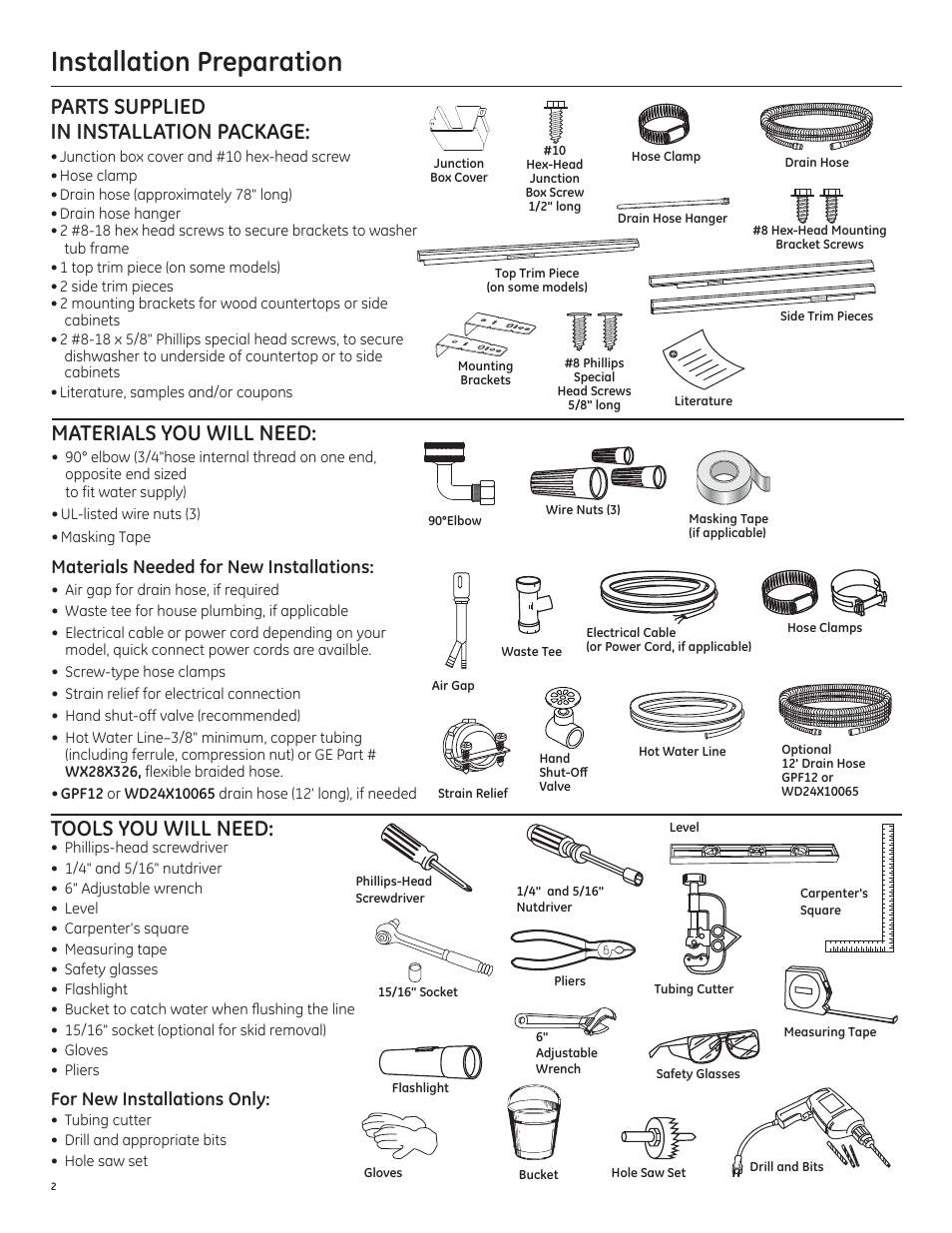 Installation preparation, Tools you will need, Parts supplied in installation package | Materials you will need, For new installations only, Materials needed for new installations | GE PDT750SSFSS User Manual | Page 2 / 48