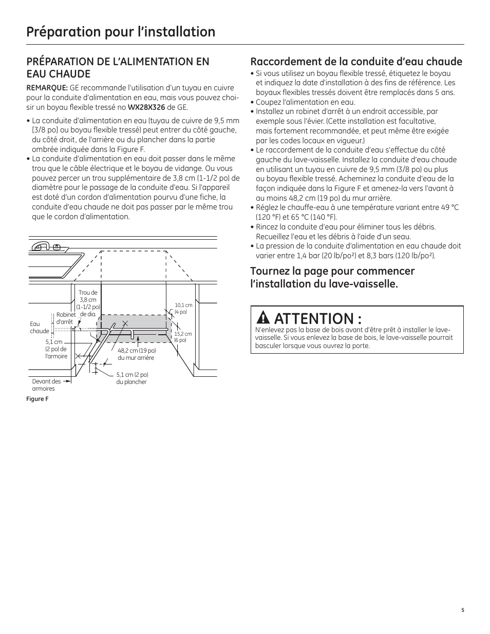 Attention, Préparation pour l’installation, Préparation de l’alimentation en eau chaude | Raccordement de la conduite d’eau chaude | GE PDT750SSFSS User Manual | Page 21 / 48