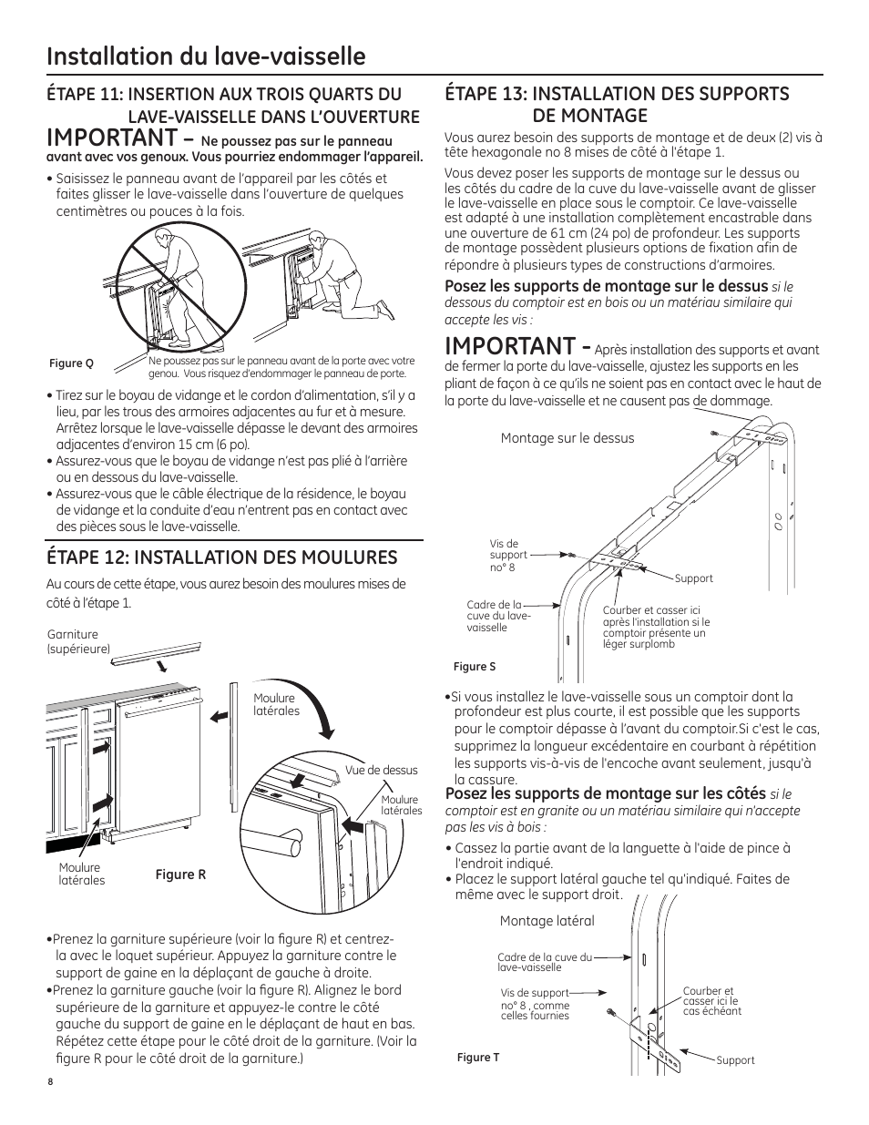 Installation du lave-vaisselle, Important, Étape 12: installation des moulures | Étape 13: installation des supports de montage | GE PDT750SSFSS User Manual | Page 24 / 48