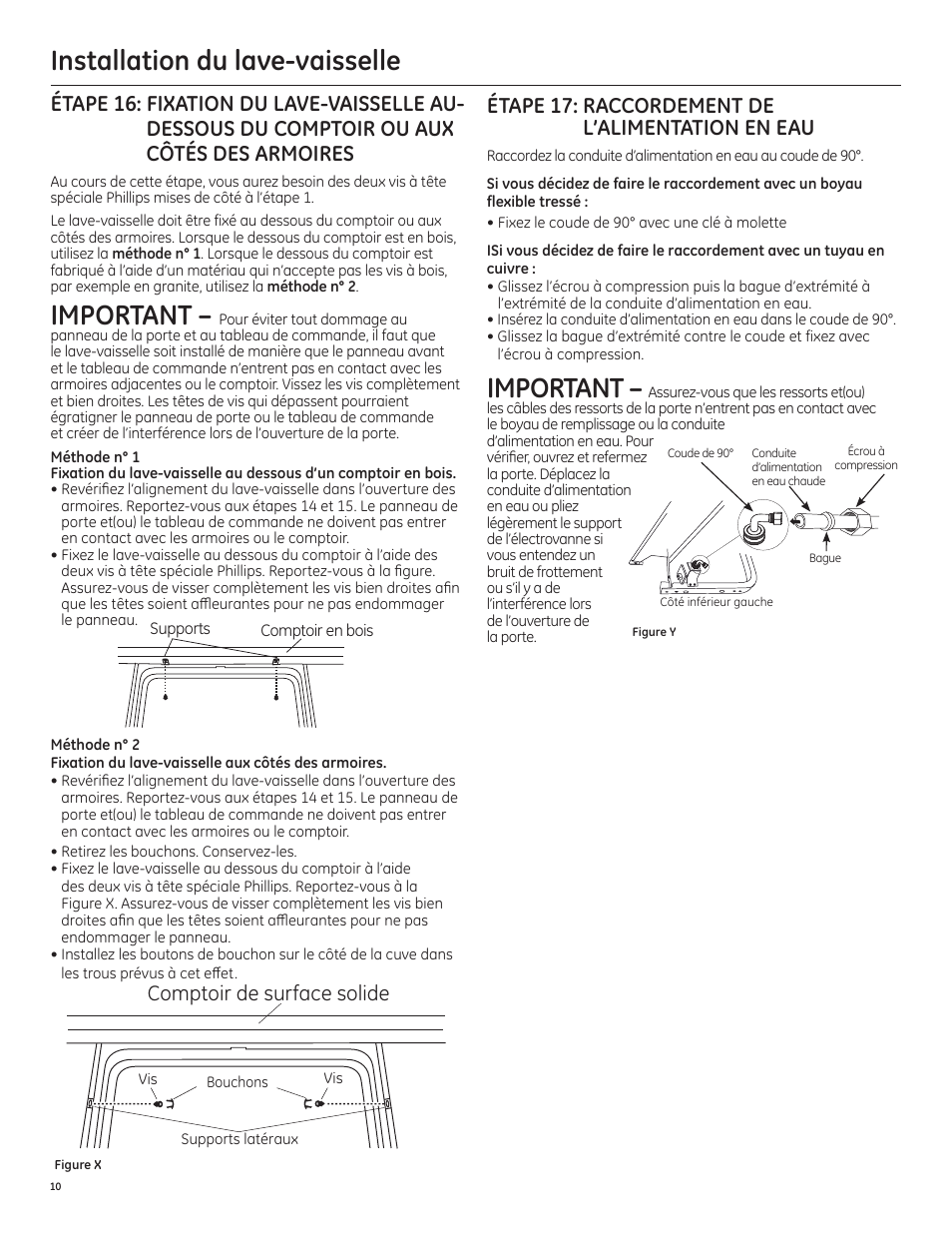 Installation du lave-vaisselle, Important, Comptoir de surface solide | Étape 17: raccordement de l’alimentation en eau | GE PDT750SSFSS User Manual | Page 26 / 48