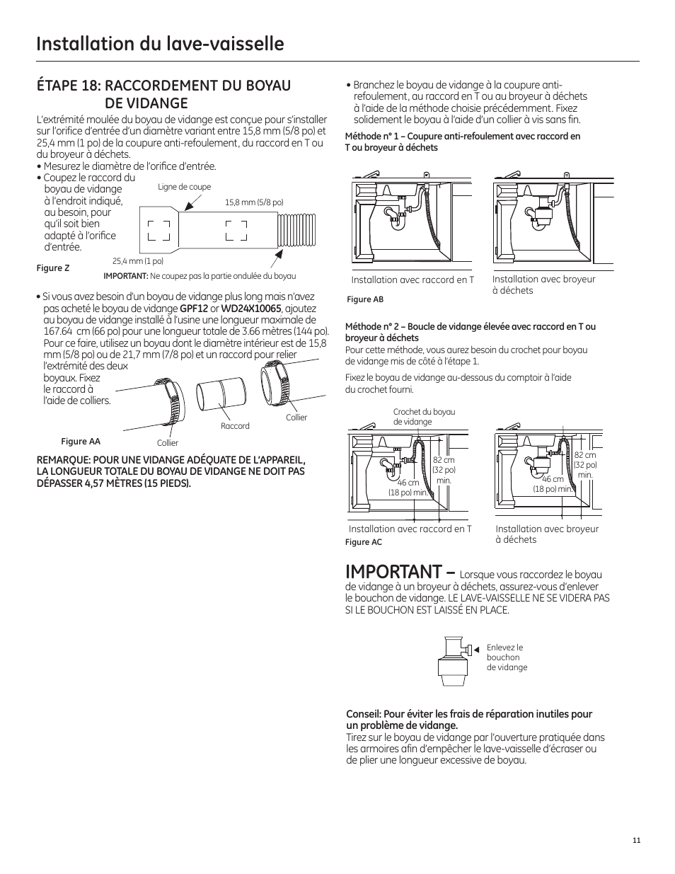 Important, Installation du lave-vaisselle, Étape 18: raccordement du boyau de vidange | GE PDT750SSFSS User Manual | Page 27 / 48