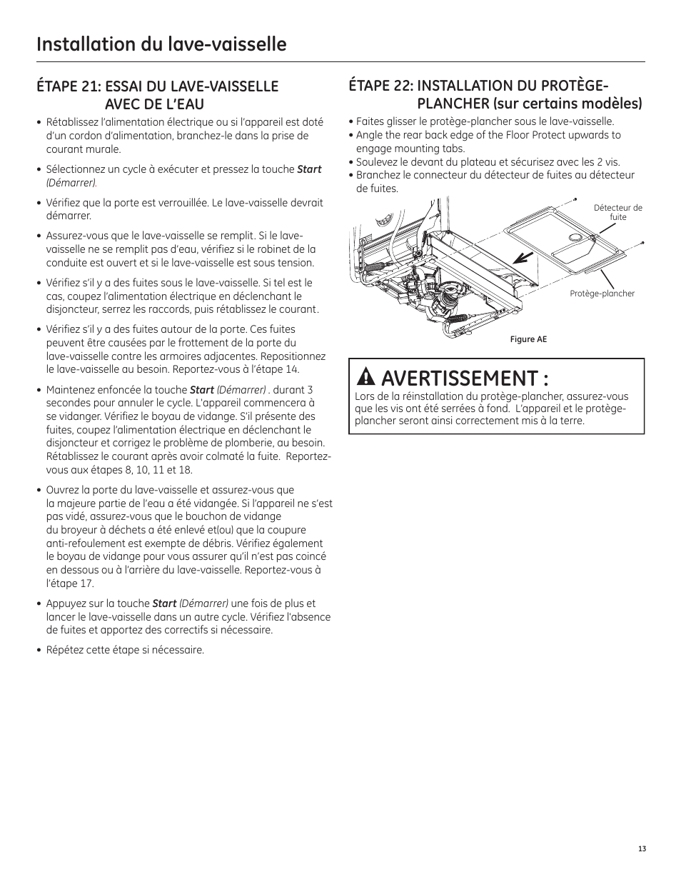 Avertissement, Installation du lave-vaisselle, Étape 21: essai du lave-vaisselle avec de l’eau | GE PDT750SSFSS User Manual | Page 29 / 48