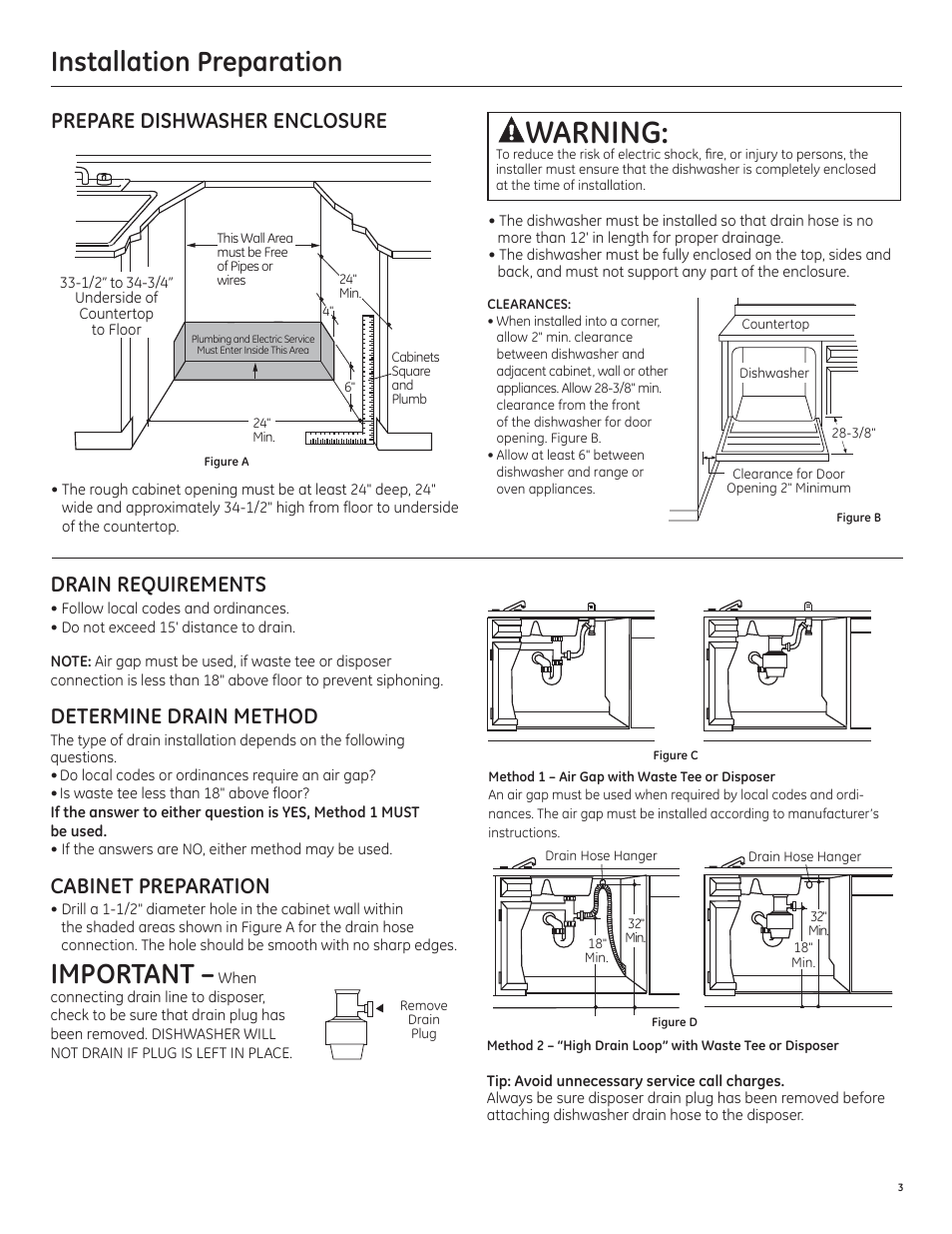 Warning, Important, Installation preparation | Prepare dishwasher enclosure, Drain requirements, Determine drain method, Cabinet preparation | GE PDT750SSFSS User Manual | Page 3 / 48