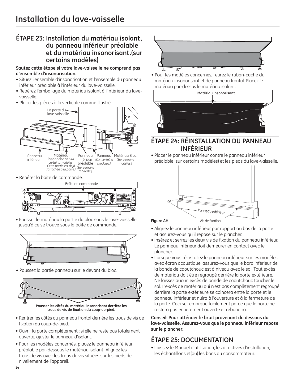 Installation du lave-vaisselle, Étape 24: réinstallation du panneau inférieur, Étape 25: documentation | GE PDT750SSFSS User Manual | Page 30 / 48