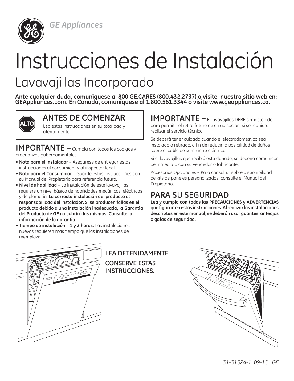 Instrucciones de instalación, Lavavajillas incorporado, Ge appliances | Importante, Para su seguridad, Antes de comenzar | GE PDT750SSFSS User Manual | Page 33 / 48