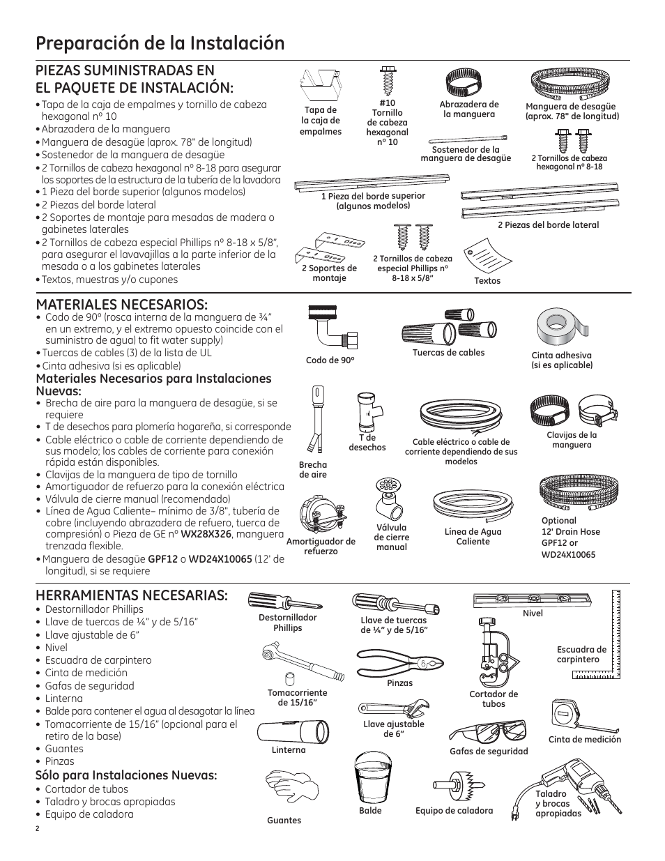 Preparación de la instalación, Herramientas necesarias, Piezas suministradas en el paquete de instalación | Materiales necesarios, Sólo para instalaciones nuevas, Materiales necesarios para instalaciones nuevas | GE PDT750SSFSS User Manual | Page 34 / 48