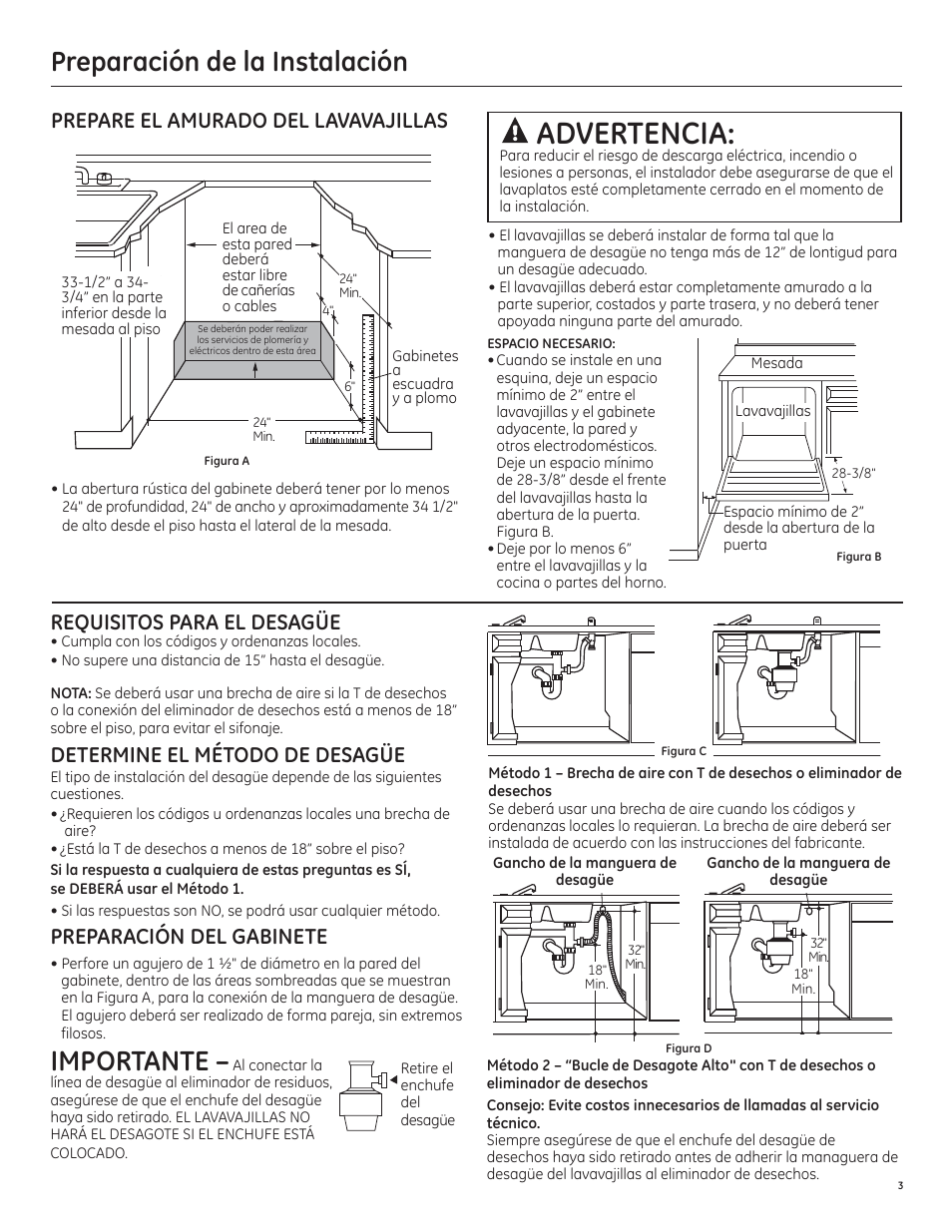 Advertencia, Importante, Preparación de la instalación | Prepare el amurado del lavavajillas, Requisitos para el desagüe, Determine el método de desagüe, Preparación del gabinete | GE PDT750SSFSS User Manual | Page 35 / 48