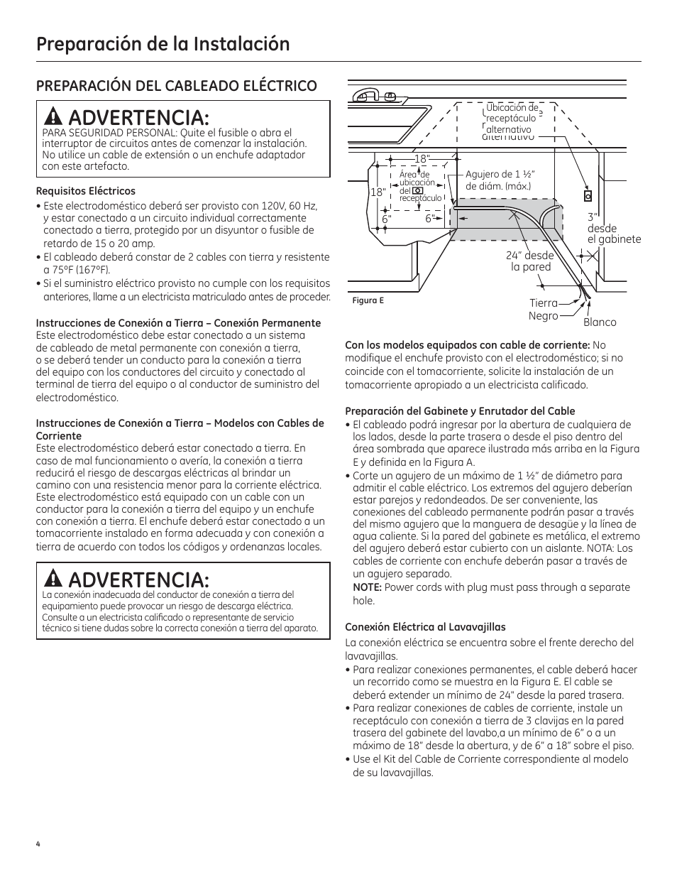 Advertencia, Preparación de la instalación, Preparación del cableado eléctrico | GE PDT750SSFSS User Manual | Page 36 / 48