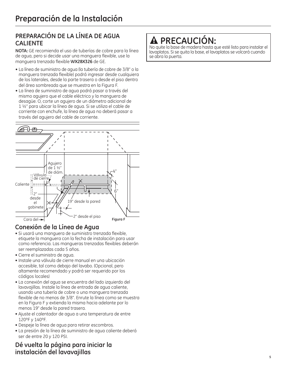 Precaución, Preparación de la instalación, Preparación de la línea de agua caliente | Conexión de la línea de agua | GE PDT750SSFSS User Manual | Page 37 / 48