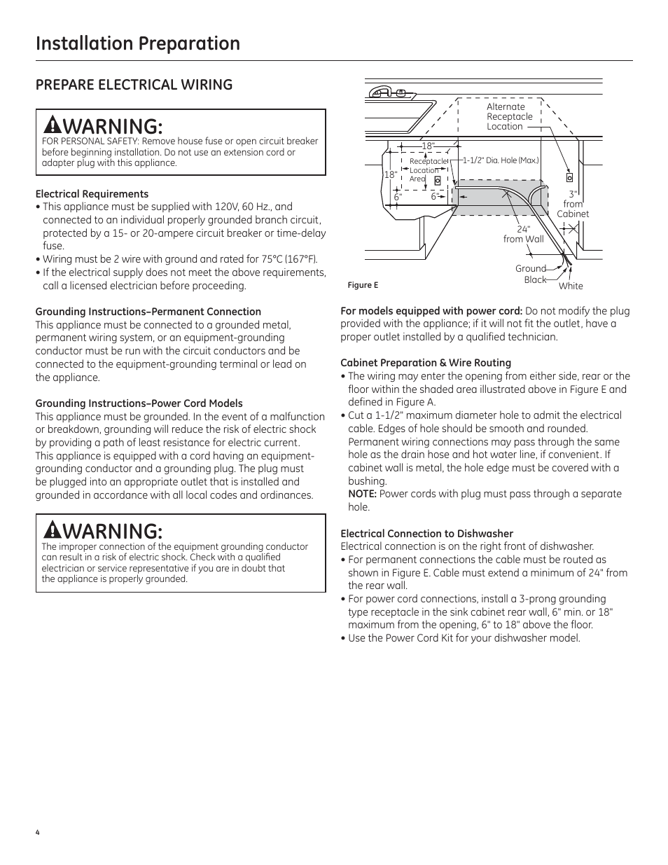 Warning, Installation preparation, Prepare electrical wiring | GE PDT750SSFSS User Manual | Page 4 / 48