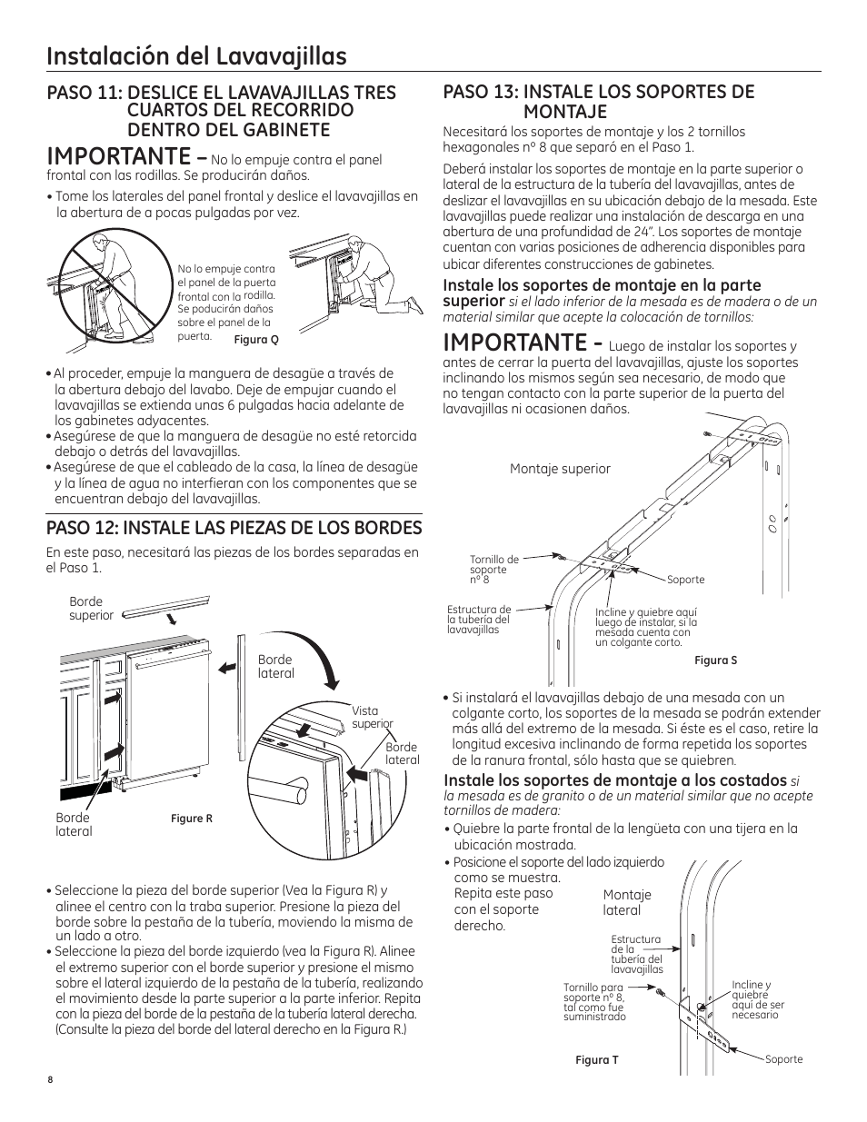 Instalación del lavavajillas, Importante, Paso 12: instale las piezas de los bordes | Paso 13: instale los soportes de montaje | GE PDT750SSFSS User Manual | Page 40 / 48