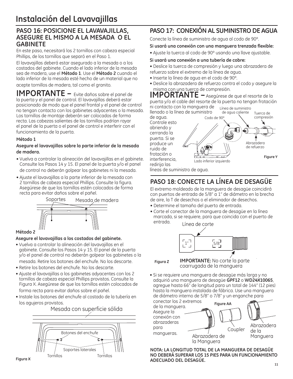 Instalación del lavavajillas, Importante, Paso 17: conexión al suministro de agua | Paso 18: conecte la línea de desagüe | GE PDT750SSFSS User Manual | Page 43 / 48