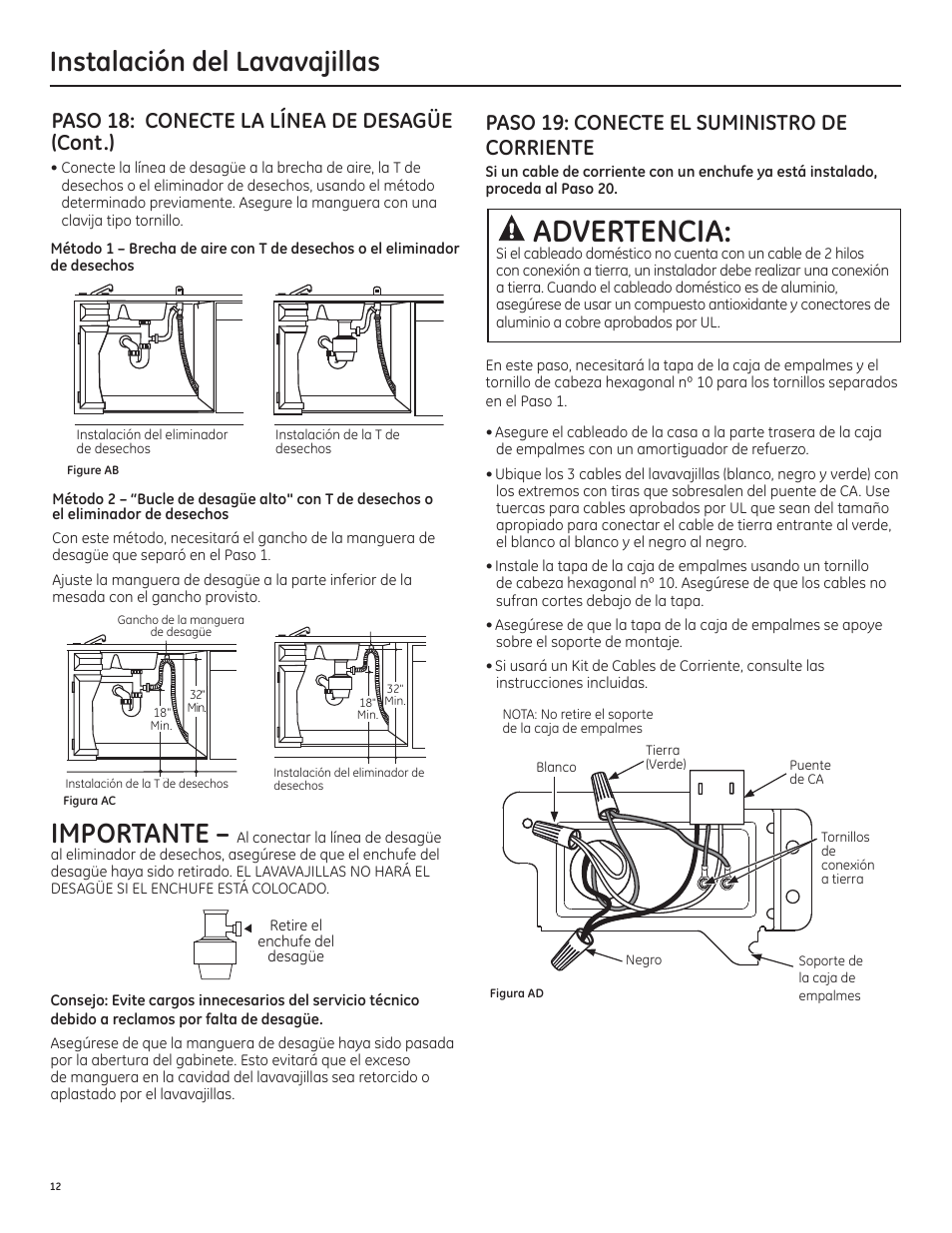 Advertencia, Importante, Instalación del lavavajillas | GE PDT750SSFSS User Manual | Page 44 / 48