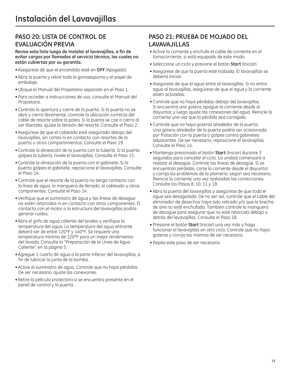 Instalación del lavavajillas, Paso 20: lista de control de evaluación previa, Paso 21: prueba de mojado del lavavajillas | GE PDT750SSFSS User Manual | Page 45 / 48