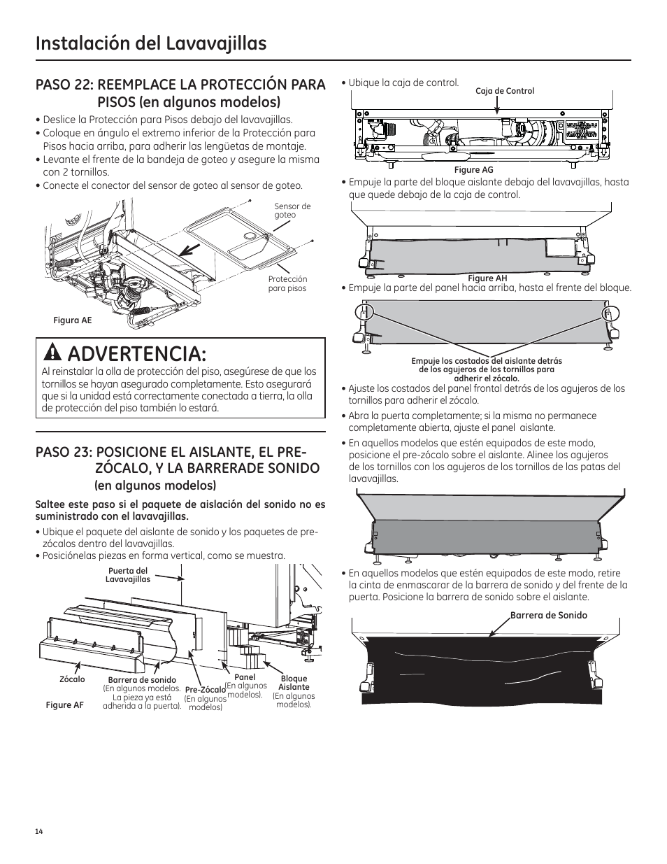 Advertencia, Instalación del lavavajillas, En algunos modelos) | GE PDT750SSFSS User Manual | Page 46 / 48