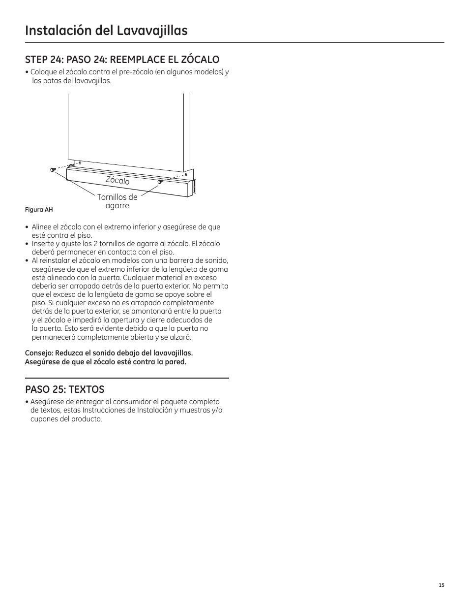 Instalación del lavavajillas, Paso 25: textos, Step 24: paso 24: reemplace el zócalo | GE PDT750SSFSS User Manual | Page 47 / 48