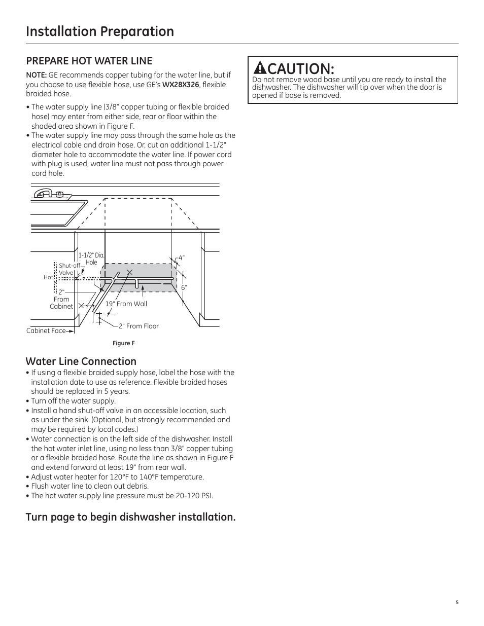 Caution, Installation preparation, Prepare hot water line | Water line connection, Turn page to begin dishwasher installation | GE PDT750SSFSS User Manual | Page 5 / 48