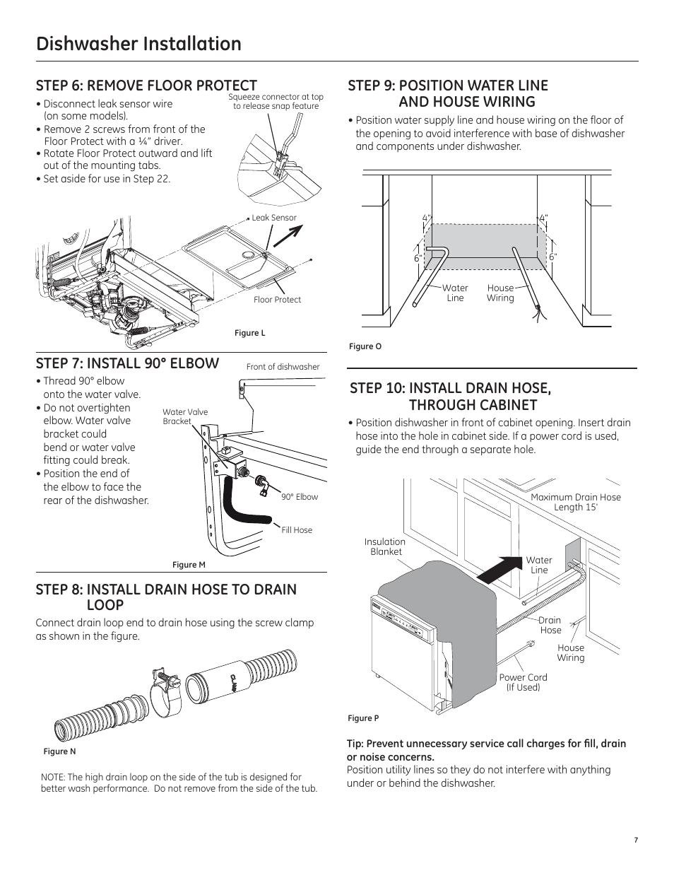 Dishwasher installation, Step 8: install drain hose to drain loop, Step 7: install 90° elbow | Step 6: remove floor protect, Step 10: install drain hose, through cabinet, Step 9: position water line and house wiring | GE PDT750SSFSS User Manual | Page 7 / 48