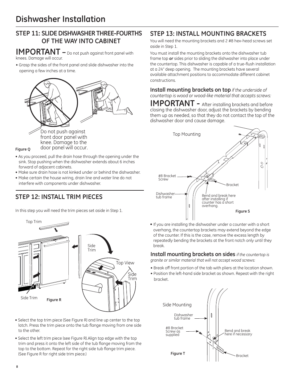 Dishwasher installation, Important, Step 12: install trim pieces | Step 13: install mounting brackets | GE PDT750SSFSS User Manual | Page 8 / 48