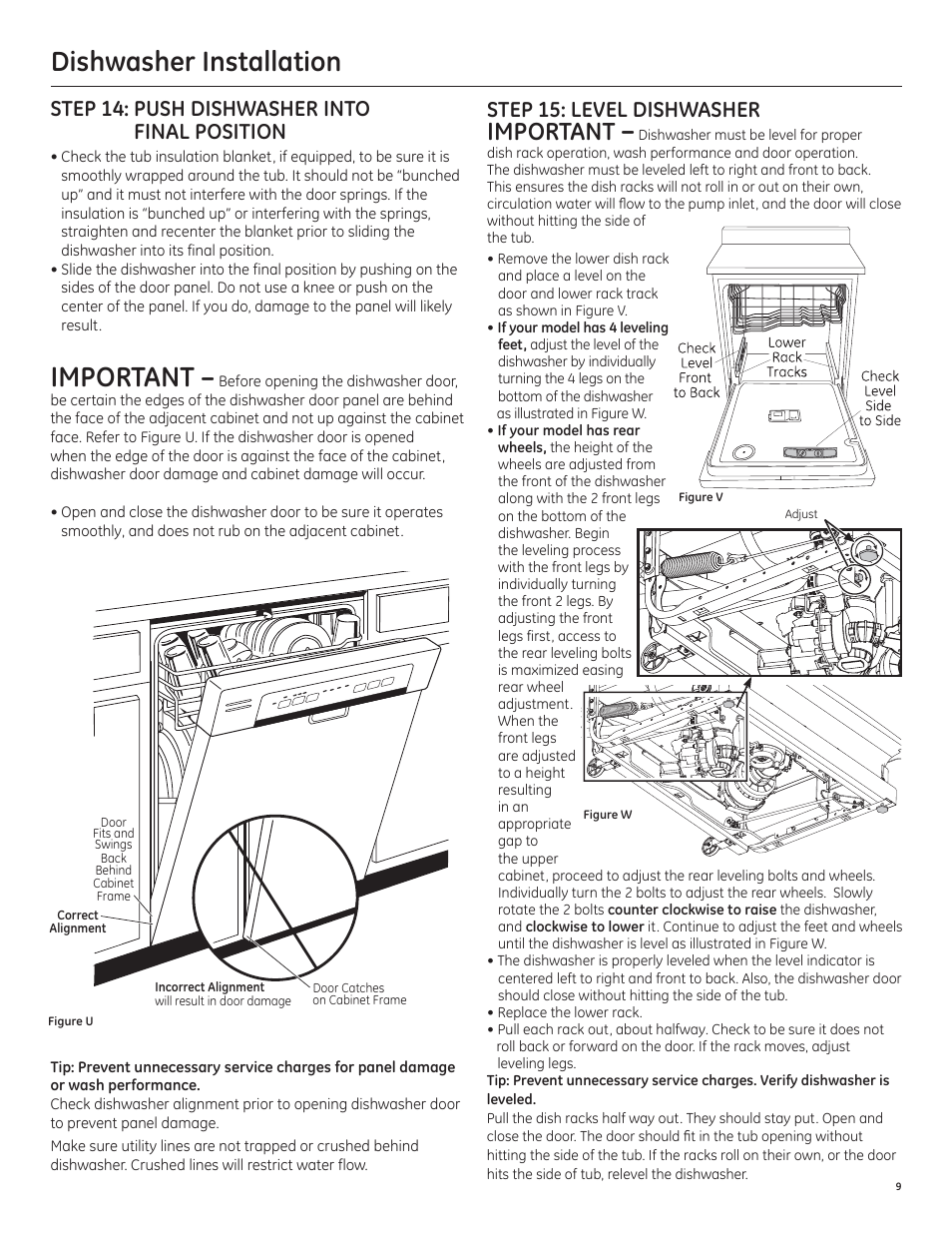 Important, Dishwasher installation, Step 14: push dishwasher into final position | Step 15: level dishwasher | GE PDT750SSFSS User Manual | Page 9 / 48