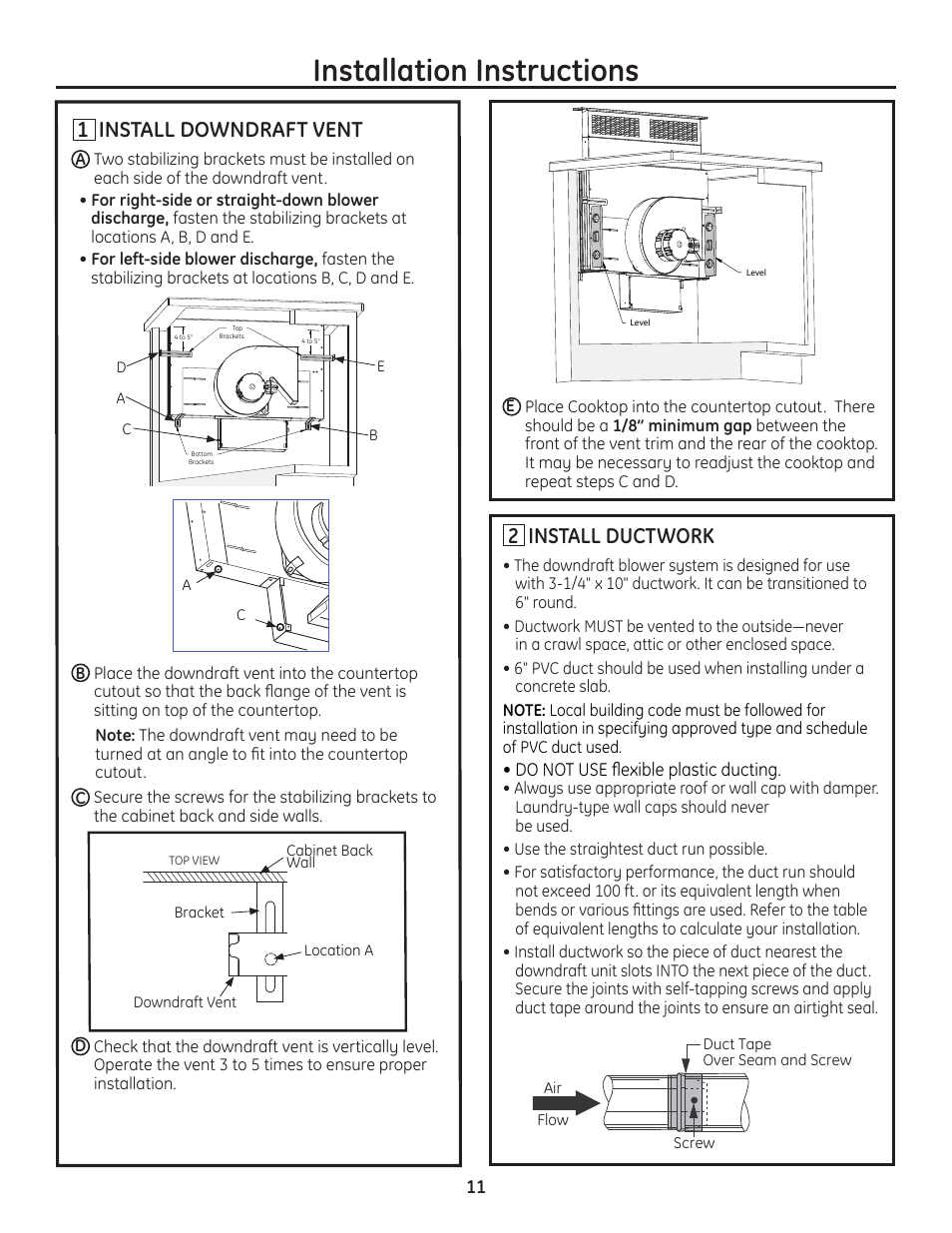 Installation instructions, 1 install downdraft vent, 2 install ductwork | GE PVB94STSS User Manual | Page 11 / 16