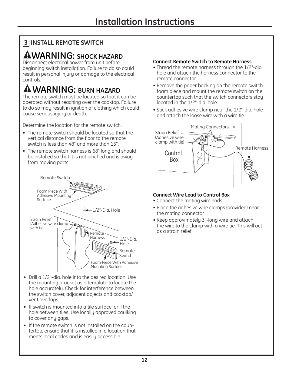Installation instructions, Warning, 3 install remote switch | Shock hazard, Burn hazard, Control box | GE PVB94STSS User Manual | Page 12 / 16