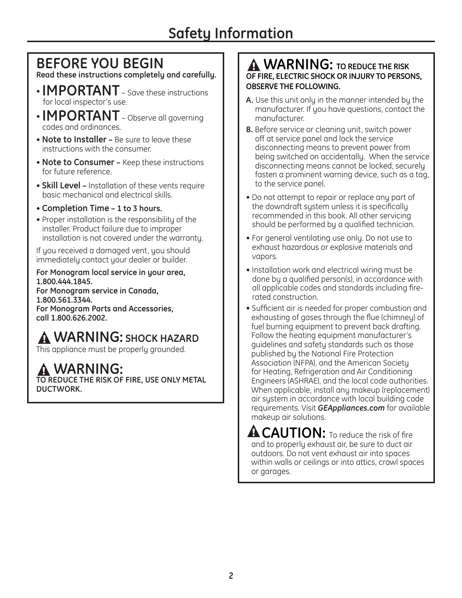 Safety information warning, Caution, Before you begin | Important, Warning | GE PVB94STSS User Manual | Page 2 / 16
