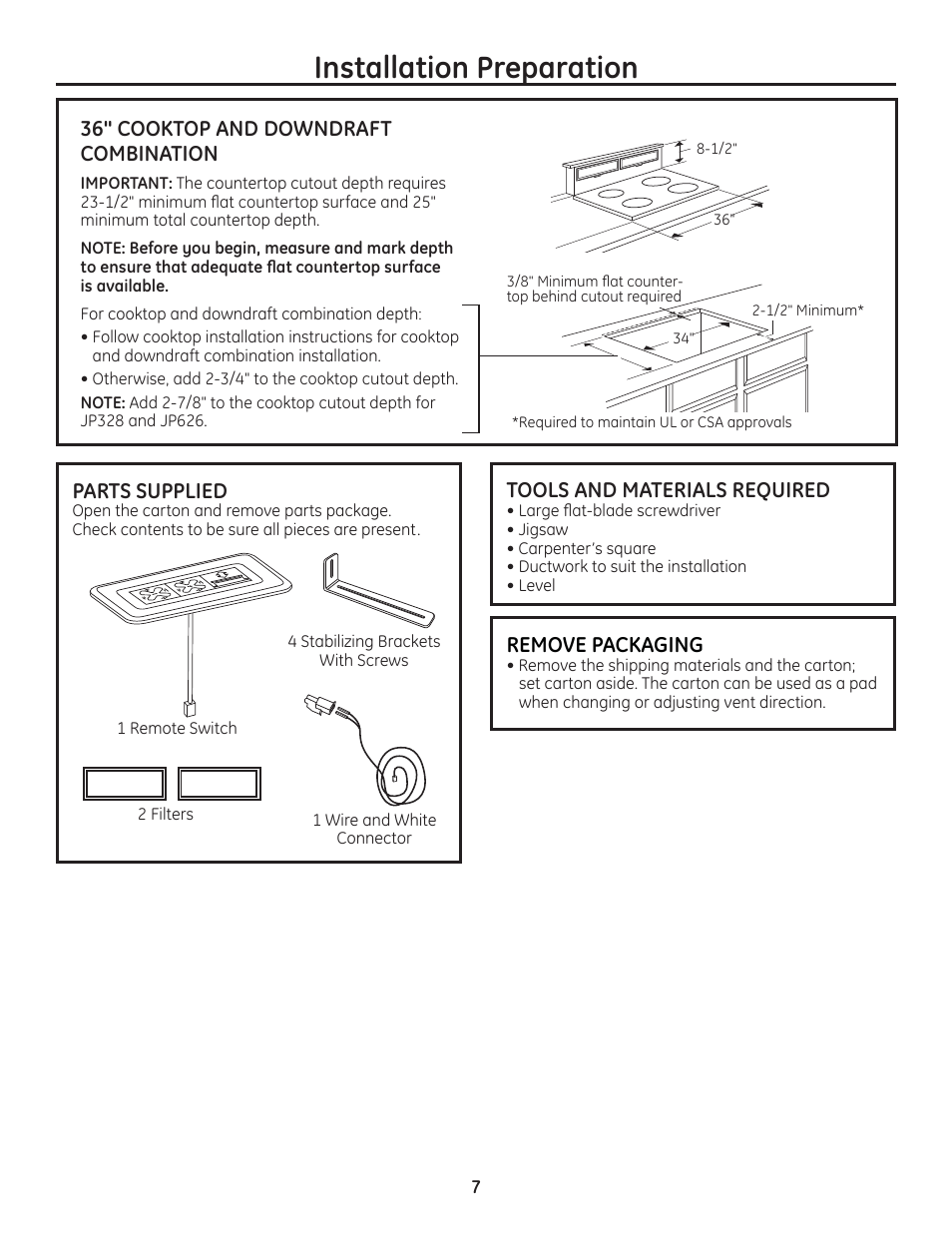 Installation preparation | GE PVB94STSS User Manual | Page 7 / 16