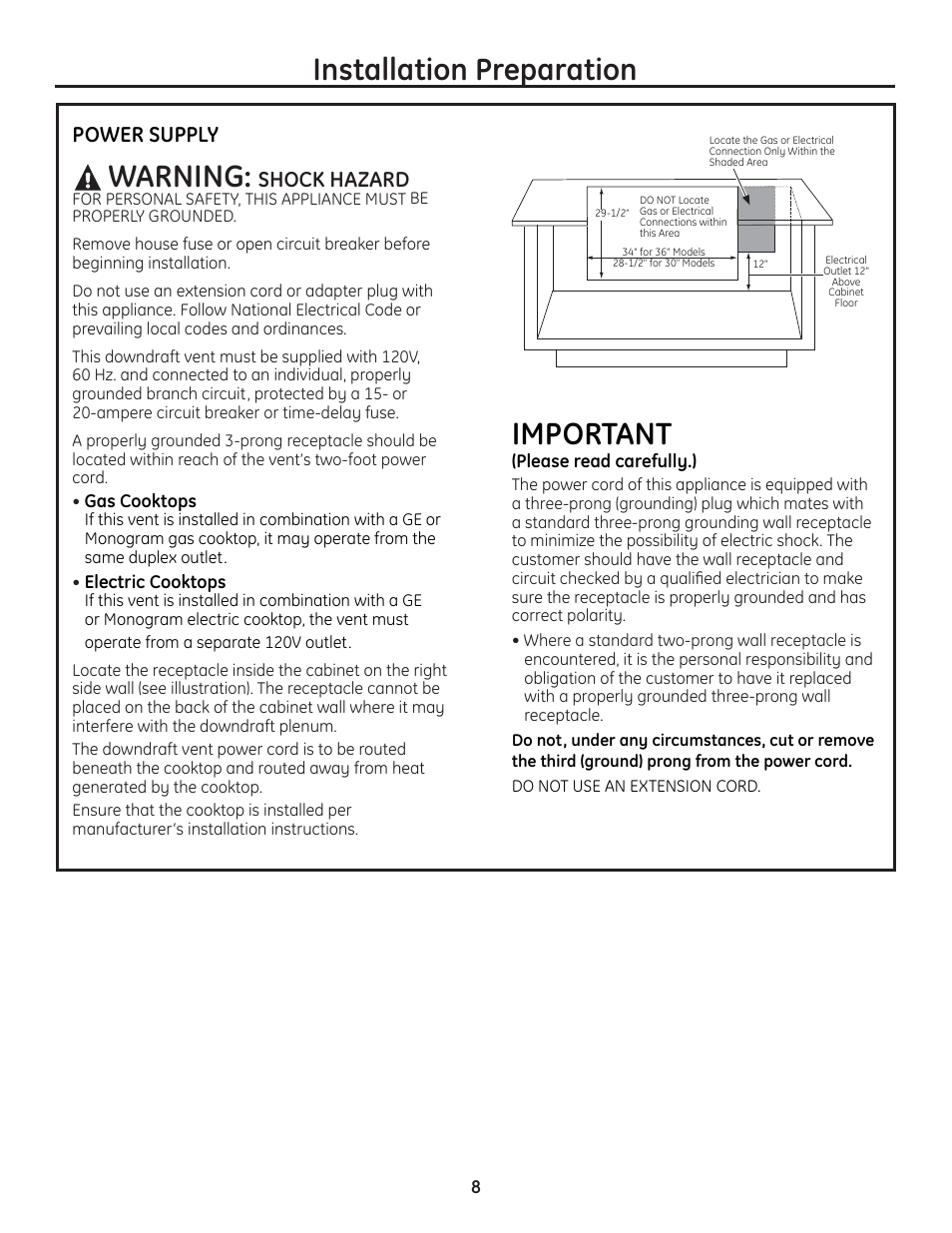 Installation preparation, Important, Warning | Shock hazard, Power supply | GE PVB94STSS User Manual | Page 8 / 16