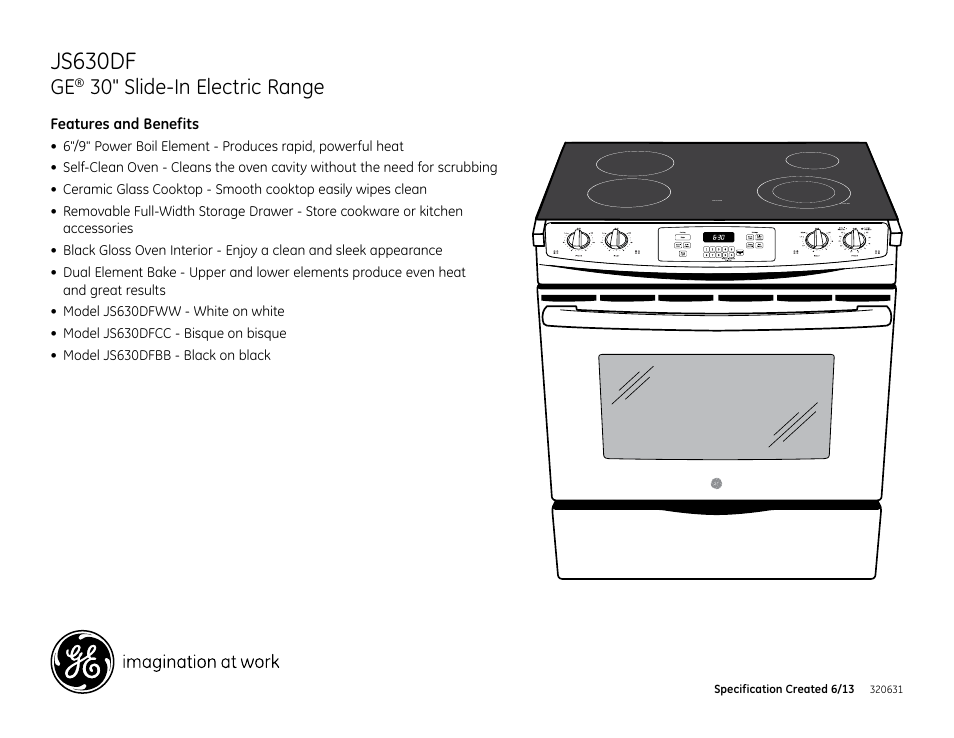 Js630df, 30" slide-in electric range | GE JS630DFCC User Manual | Page 2 / 2